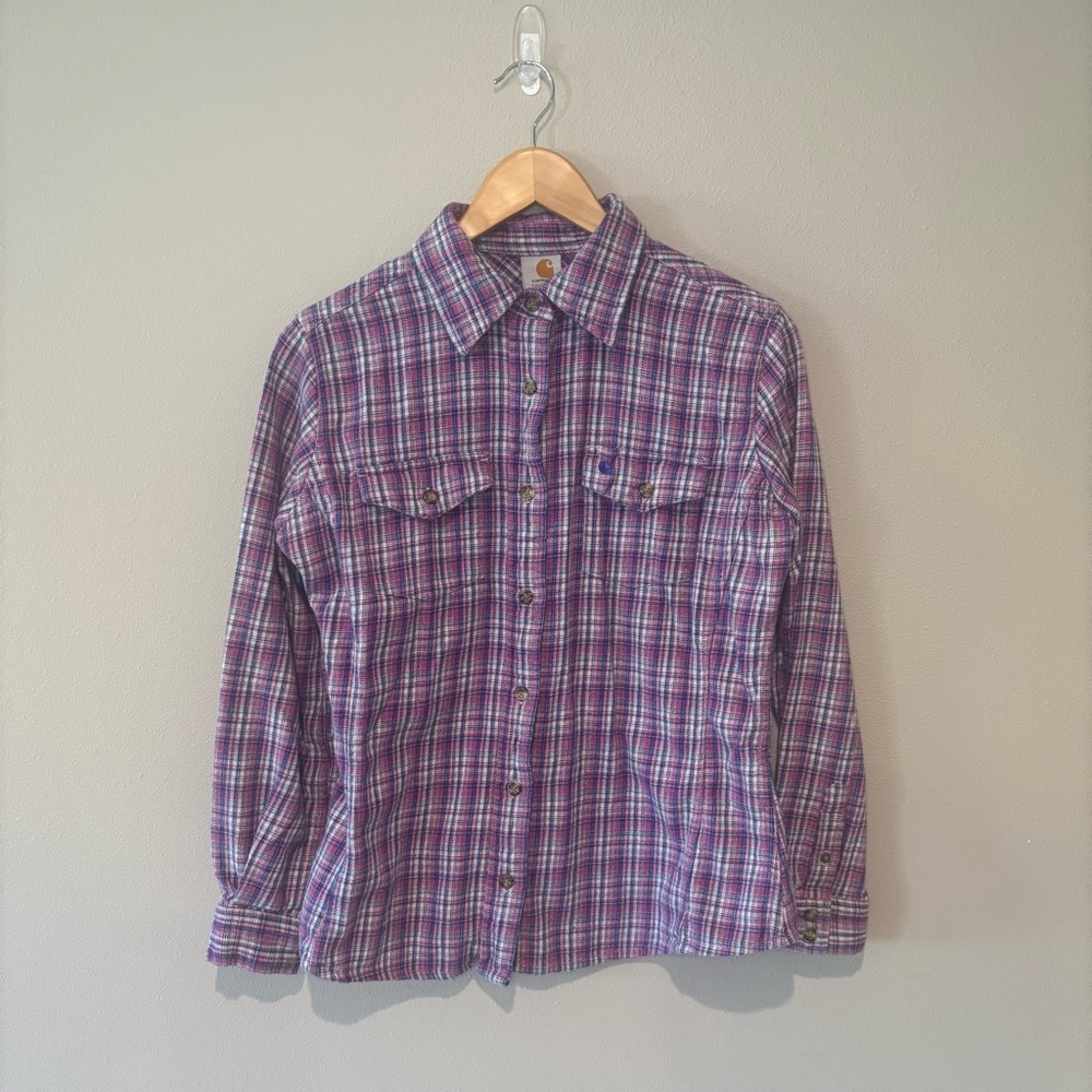 CARHARTT Women’s Flannel Purple and‎ Pink Plaid Button Down Long Sleeve Shirt S